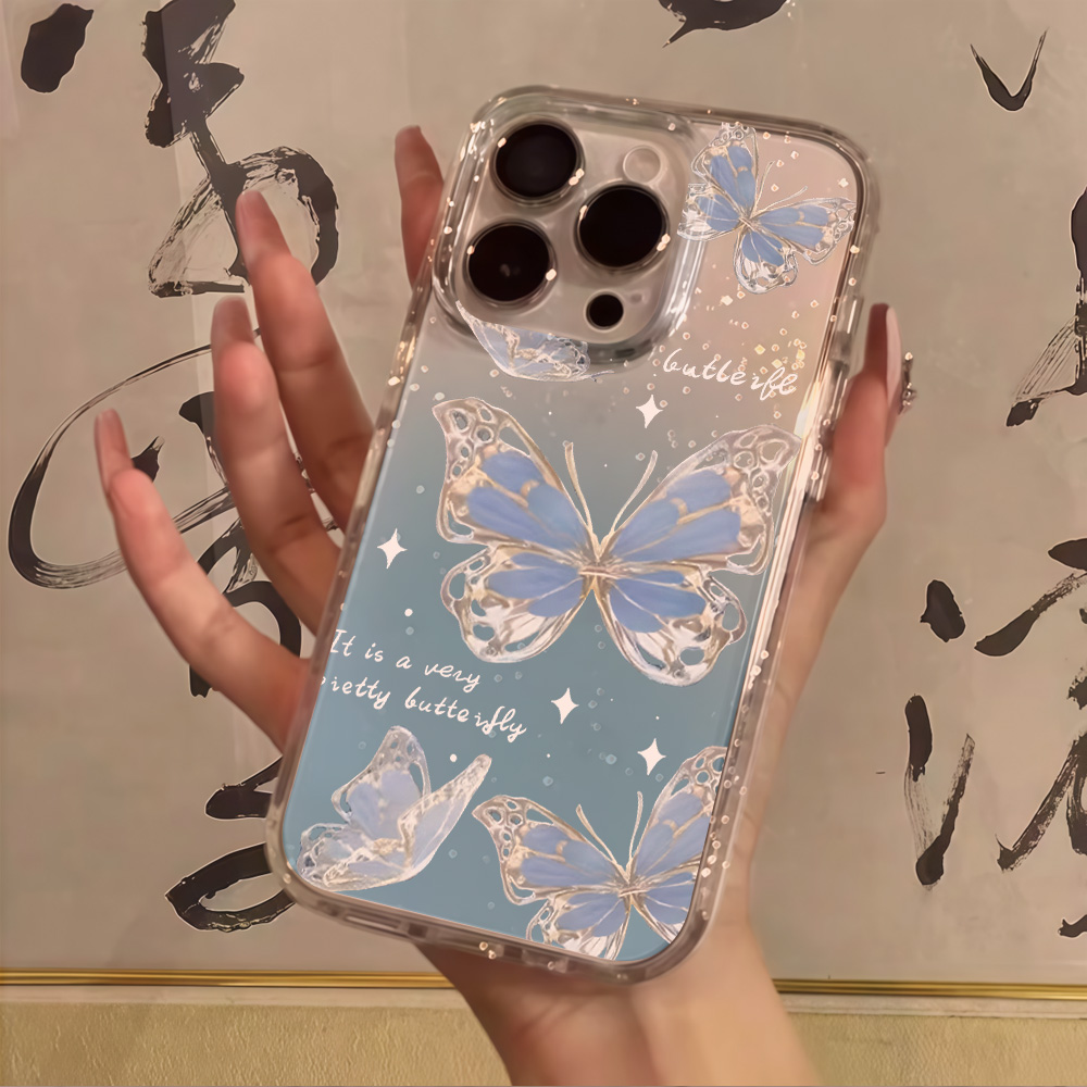 Glitter Shockproof Case - Luxury Blue Butterfly Clear Glitter Phone